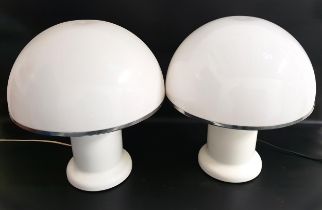 PAIR OF MUSHROOM LAMPS with an opaque plexiglass shade and white body, circa 1970s