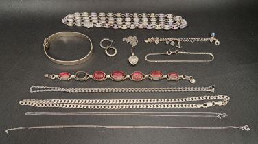 SELECTION OF SILVER JEWELLERY including a ruby set bracelet (one gemstone lacking), a bangle