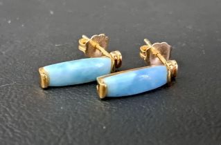 PAIR OF BLUE AGATE SET DROP EARRINGS in fourteen carat gold, the drops approximately 1.4cm long