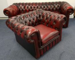 CHESTERFIELD SOFA AND MATCHING CLUB ARMCHAIR in ox blood leather, both with button backs and