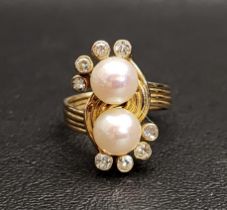 UNUSUAL PEARL AND DIAMOND DRESS RING the shank and twist setting formed of four strands of