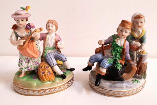 PAIR OF DRESDEN FIGURAL GROUPS one depicting a winter scene of a boy seated on a sledge and a girl