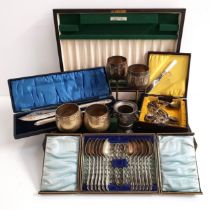 MIXED LOT OF SILVER PLATE and other metalware, comprising a cased set of fish servers, various