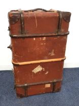 VINTAGE TRAVEL TRUNK with wood banding, the lift up lid opening to reveal a lift out tray, with side