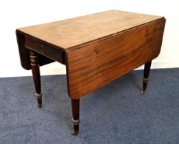 19th CENTURY MAHOGANY PEMBROKE TABLE with shaped drop flaps above a frieze drawer and an opposing