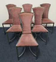 SET OF SIX TOM FAULKNER STEEL CAPRICORN DINING CHAIRS with a shaped padded back and seat, on plain