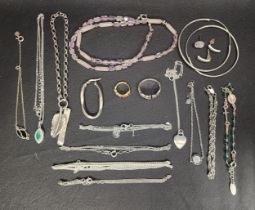 SELECTION OF SILVER AND SILVER MOUNTED JEWELLERY including a pair of hoop earrings, a pair of CZ set