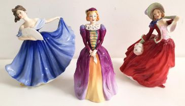 THREE PORCELAIN FIGURINES comprising Royal Doulton Elaine, HN2791, 20cm high; Royal Doulton Autumn