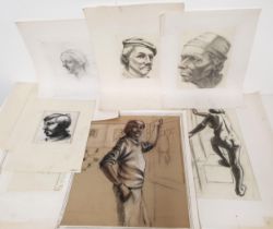 T.BROWN twelve pencil and chalk drawings of studies of people and two vistas, and two chalk