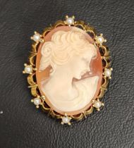 CAMEO BROOCH in seed pearl set high carat gold mount (with indistinct marks), with safety chain,