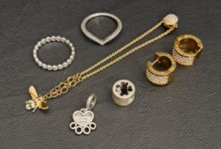 SELECTION OF COSTUME JEWELLERY comprising two Pandora silver rings - Sparkling Wishbone and Band