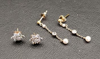 TWO PAIRS OF GOLD EARRINGS comprising a pair of diamond and seed pearl drop earrings, in unmarked
