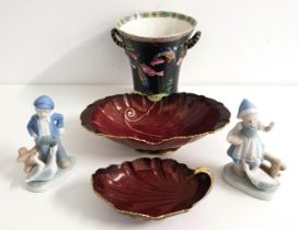 MIXED LOT OF CERAMICS comprising two Carlton Ware Rouge Royale shaped dishes, both with gilt
