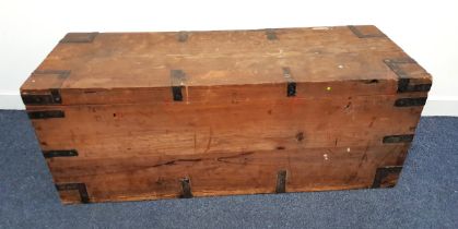 VINTAGE PINE TRAVEL TRUNK with metal banding and side carry handles, with a vintage 'Anchor Line'