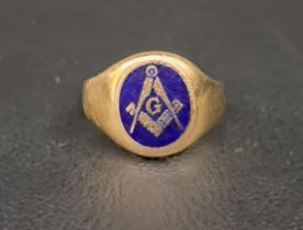 NINE CARAT GOLD MASONIC SIGNET RING with blue enamel compass detail, ring size L and approximately