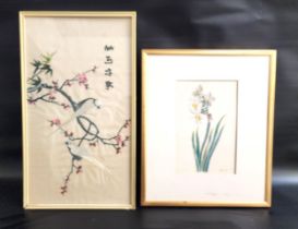 A. ALLAN White Narcissus, watercolour, signed, 26.5cm x 17cm, together with a Chinese embroided