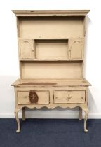 PAINTED OAK DRESSER the upper section with three plate shelves and two panelled cupboard doors,