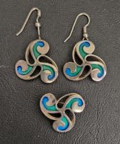PAIR OF OLA GORIE ENAMEL DECORATED SILVER EARRINGS AND MATCHING BROOCH all with triple scroll detail
