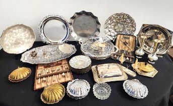 MIXED LOT OF SILVER PLATE including spill vases, butter dishes, candle holders, hors d'oeuvres