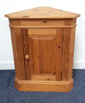 WAXED PINE CORNER CABINET with a moulded top above a panelled door, standing on a plinth base,