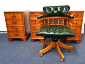 YEW VENEER KNEEHOLE DESK AND CAPTAIN'S CHAIR the desk with an inset leather effect top above