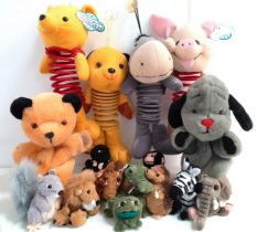 SELECTION OF HAND AND FINGER PUPPETS including Sooty and Sweep, We're Bananas plush donkey,