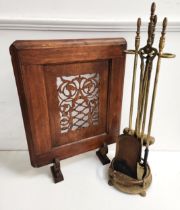 BRASS COMPANION SET comprising brush, shovel, poker and tongs, together with a pierced pine fire