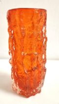 WHITEFRIARS TEXTURED BARK CYLINDRICAL VASE in tangerine, from the Geoffrey Baxter range, 15.5cm high