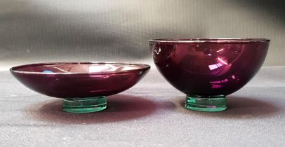 TWO ROYAL COPENHAGEN CRYSTAL BOWLS both with amethyst glass bowls and green glass feet, one 12cm