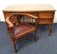 OAK KNEEHOLE DESK AND CHAIR the desk with rectangular moulded top with canted corners above a