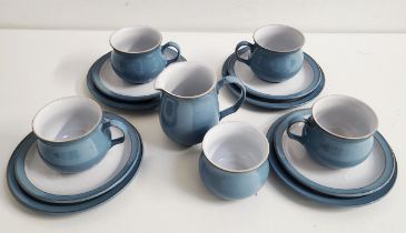 DENBY STONEWARE TEA SERVICE in pale blue and white, comprising eight cups and saucers, eight side