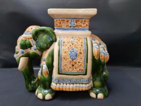 LARGE GREEN MAJOLICA STYLE INDIAN ELEPHANT PEDESTAL with a square pedestal to its back above pierced