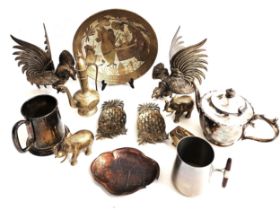 SELECTION OF METAL WARE including a pair of brass fighting cockerels, two brass bowls, set of