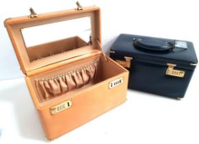 TWO ITALIAN GAZZAZ VANITY CASES one in navy blue, the other in tan, both with carry handles to the