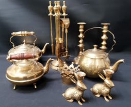 LARGE SELECTION OF BRASS WARE including two companion sets, two toddy kettles, two pairs of