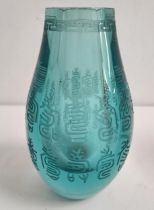 CHINESE BLUE GLASS VASE of bulbous form with engraved decoration to the neck and body, 21.5cm high