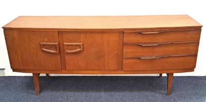 RETRO 1960s TEAK BOW FRONT SIDEBOARD with a central drop front flap revealing a drinks cabinet,