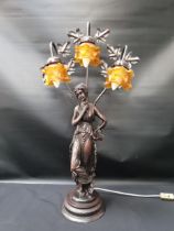 LARGE RESIN CLASSICAL LAMP depicting a lady in flowing robes with three amber coloured lamps, 84cm