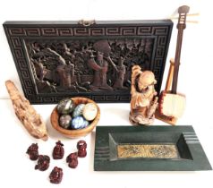 SELECTION OF EAST ASIAN ITEMS including a carved teak wall panel depicting scholars, carved dragon