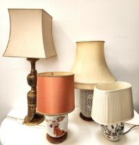 FOUR VARIOUS TABLE LAMPS comprising a Chinese porcelain lamp with a reticulated body, 44cm high,