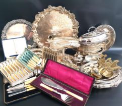 MIXED LOT OF SILVER PLATE including four oval lidded serving dishes, tazza, berry spoons, cased fish