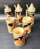 SIX GERMAN POTTERY BEER STEINS all with relief decoration, three with domed pewter lids (6)