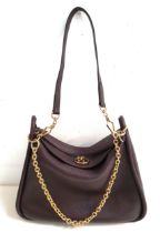 MULBERRY LEIGHTON HANDBAG in burgundy leather with polished gold-tone hardware, featuring a single