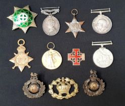 SELECTION OF MEDALS and decorations comprising two Royal Marines beret badges, Freemasonry Royal