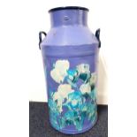 STEEL MILK CHURN painted blue with applied floral decoupage decoration, 71cm high