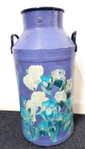 STEEL MILK CHURN painted blue with applied floral decoupage decoration, 71cm high