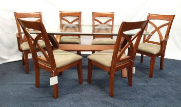 MODERN DINING TABLE AND CHAIRS the table with a rectangular glass top on a shaped teak X frame base,