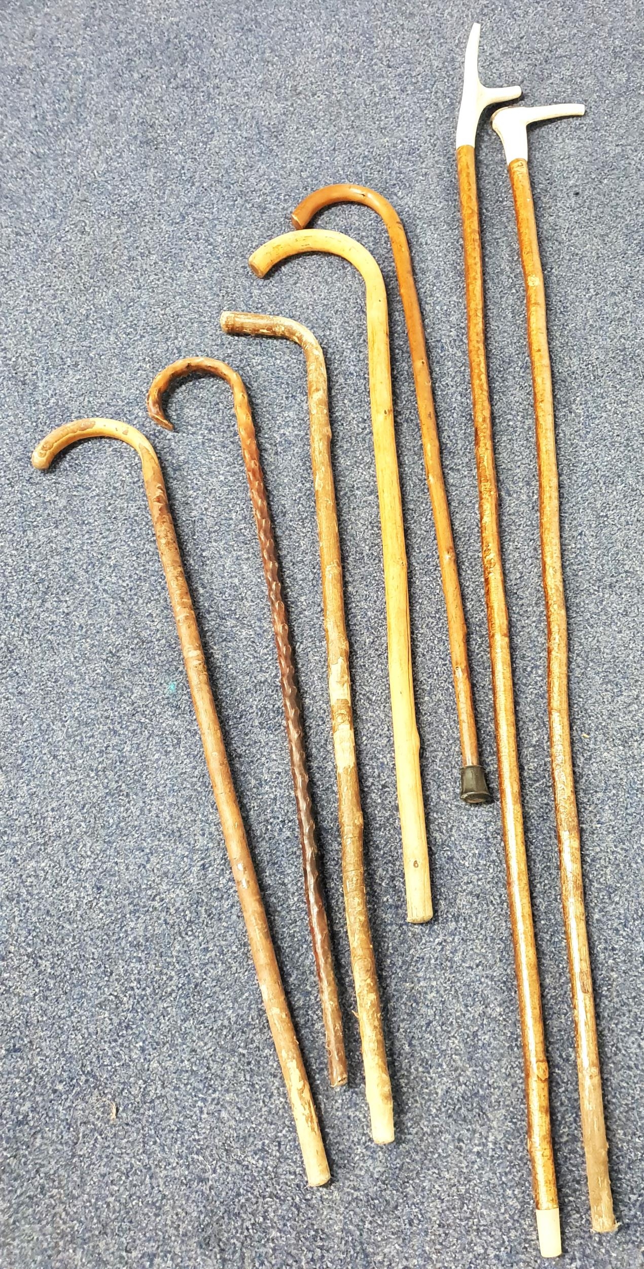 HORN HANDLED THUMB STICK with a hazel shaft, 140cm high, a horn handled walking stick with a hazel
