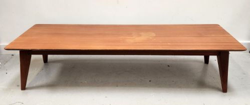 VANSON TEAK OCCASIONAL TABLE with a rectangular top standing on tapering supports, 31cm x 138cm x