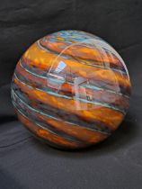 DECORATIVE GLASS SPHERE with orange, yellow, blue and purple swirls, 24cm high